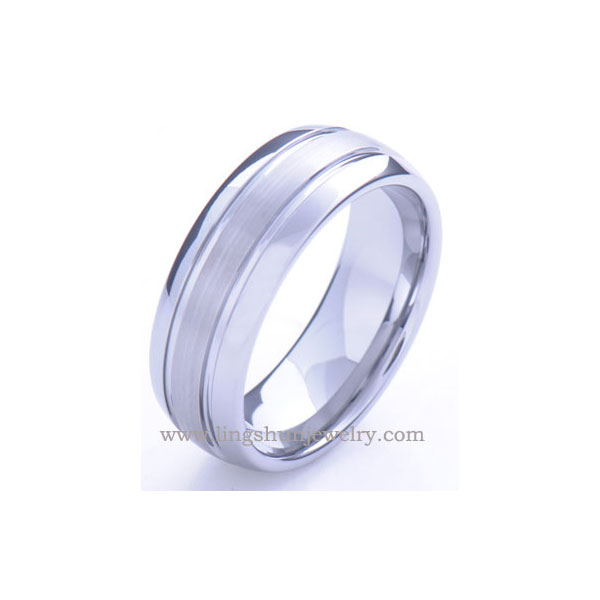 Classic tungsten carbide ring with two polished grooves, satin finish center.Comfort fit