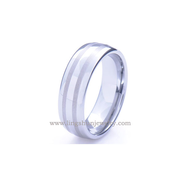 Classic tungsten wedding band with satin finish center, double polished grooves.
Comfort fit