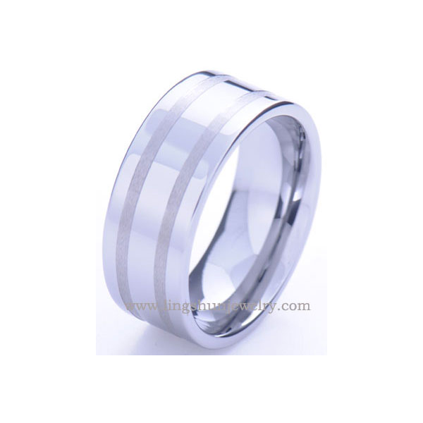 Tungsten wedding band with two satin finsh stripes.Comfort fit.