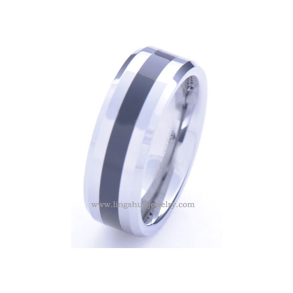 Tungsten carbide band with black resin and bevels, all high polish.Comfort fit.