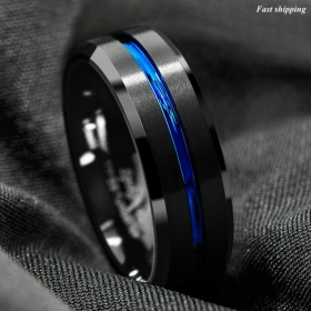 8mm Brushed Black Tungsten Carbide Band Ring Blue Line Bridal ATOP Mens Jewelry
