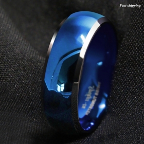 8mm Mens Tungsten Ring Blue Domed with Beveled Silver Edges Band ATOP Jewelry