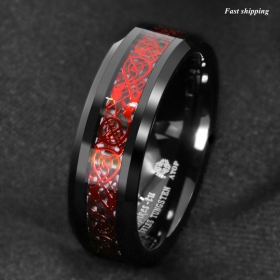 8mm Black Tungsten Ring Red Celtic Dragon Black carbon fiber Ring ATOP Jewelry