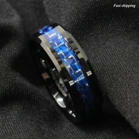 8mm Black Tungsten Ring with Blue silver Carbon Fiber Wedding Band Mens jewelry
