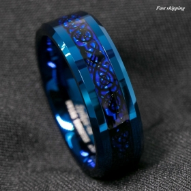 8Mm Blue Tungsten Carbide Ring Carbon Fibre Black Celtic Dragon Mens Jewelry