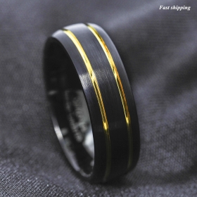 8mm Tungsten Ring Black Brushed Dome 18k gold Wedding Band ATOP Mens Jewelry