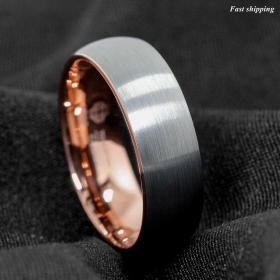 8mm Tungsten ring Silver Brushed Rose Gold Inlay Wedding Band ATOP Mens Jewelry